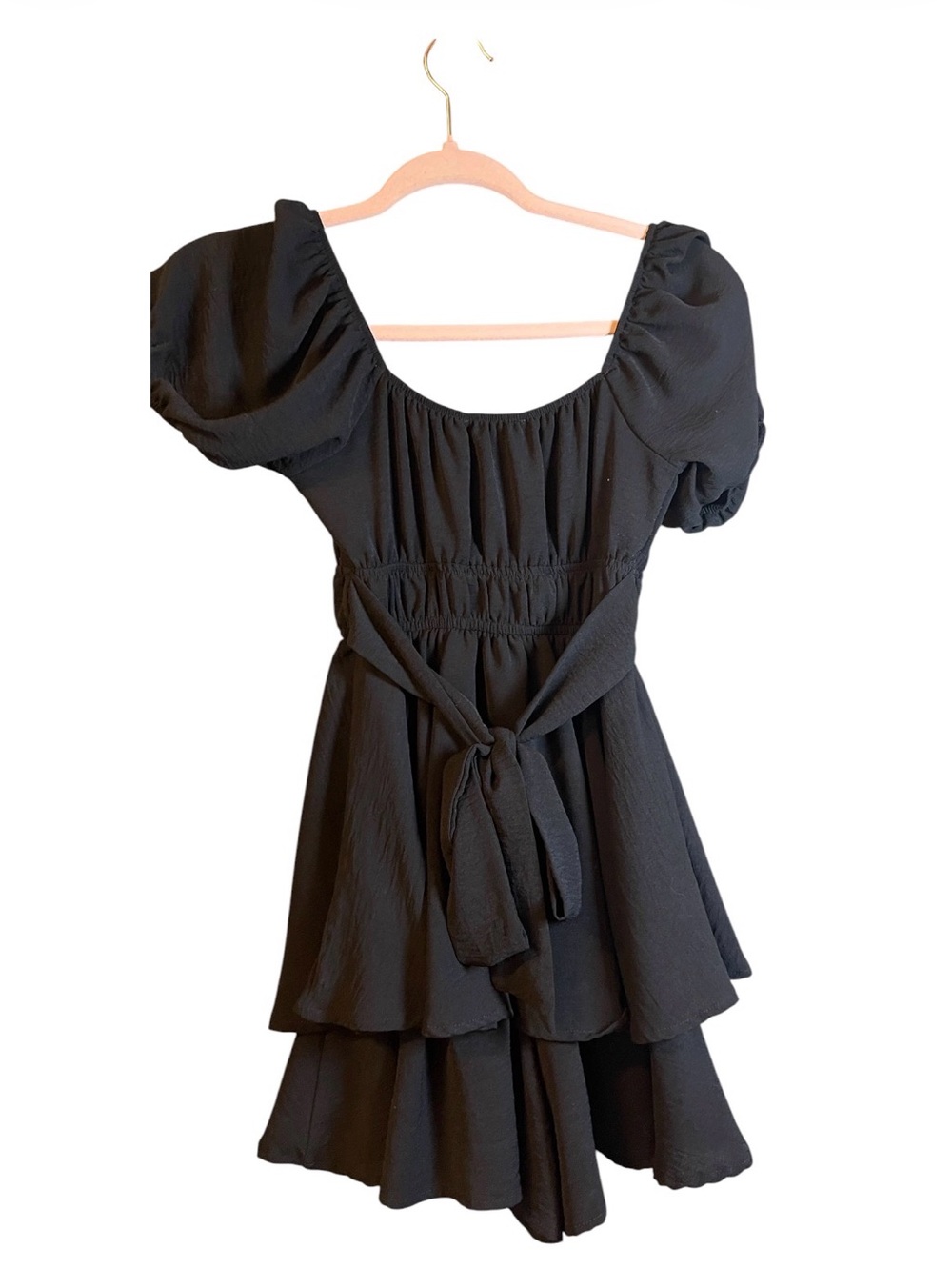 Altar'd State Black Square Neck Puff Sleeve Tiered Mini Dress - Picture 3 of 4